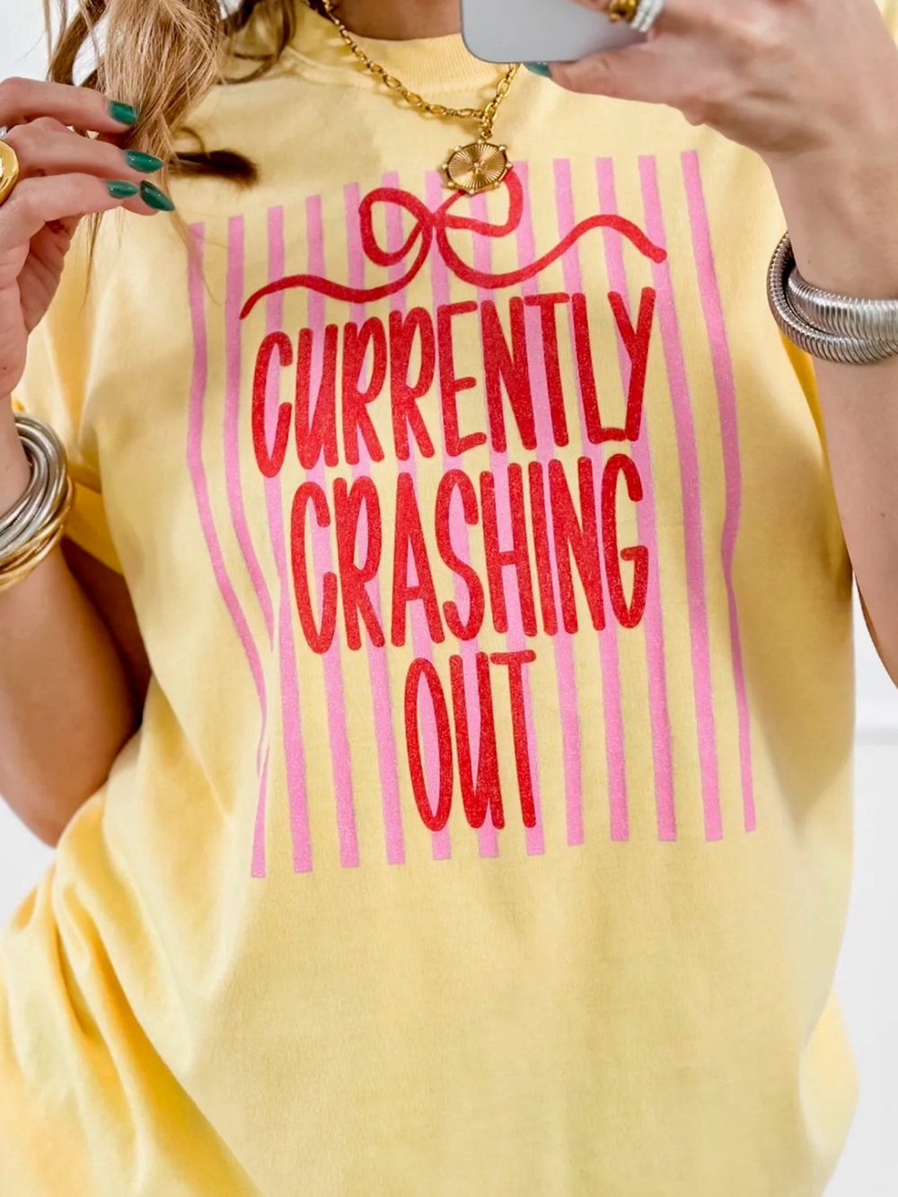 Yellow Graphic Tee - "Currently Crashing Out"